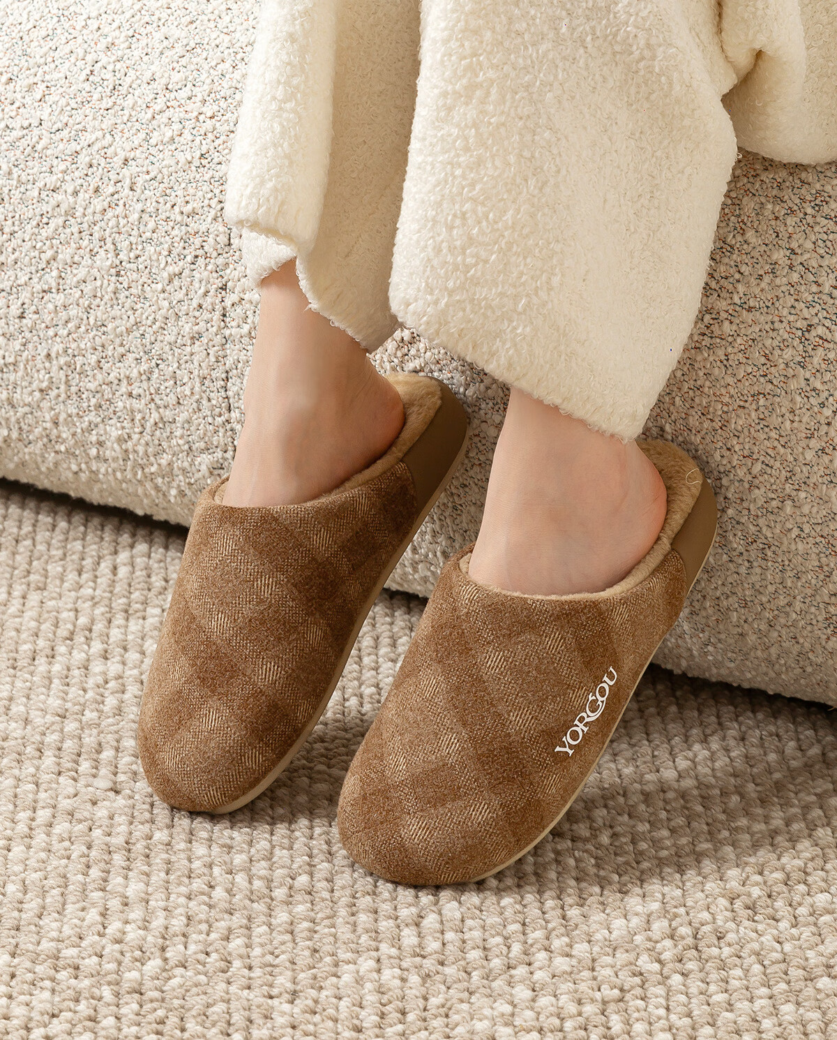 Yuangang Plaid Cotton Slippers for Women And Men, Winter Indoor Warm Slippers, Hazelnut Color, Size 36-37 [Suitable for Feet Size 35-36] 2
