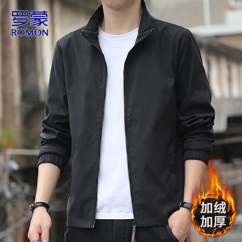 ROMON Fleece-Lined Jacket Men Autumn Winter Warm Business Casual Stand Collar Black M