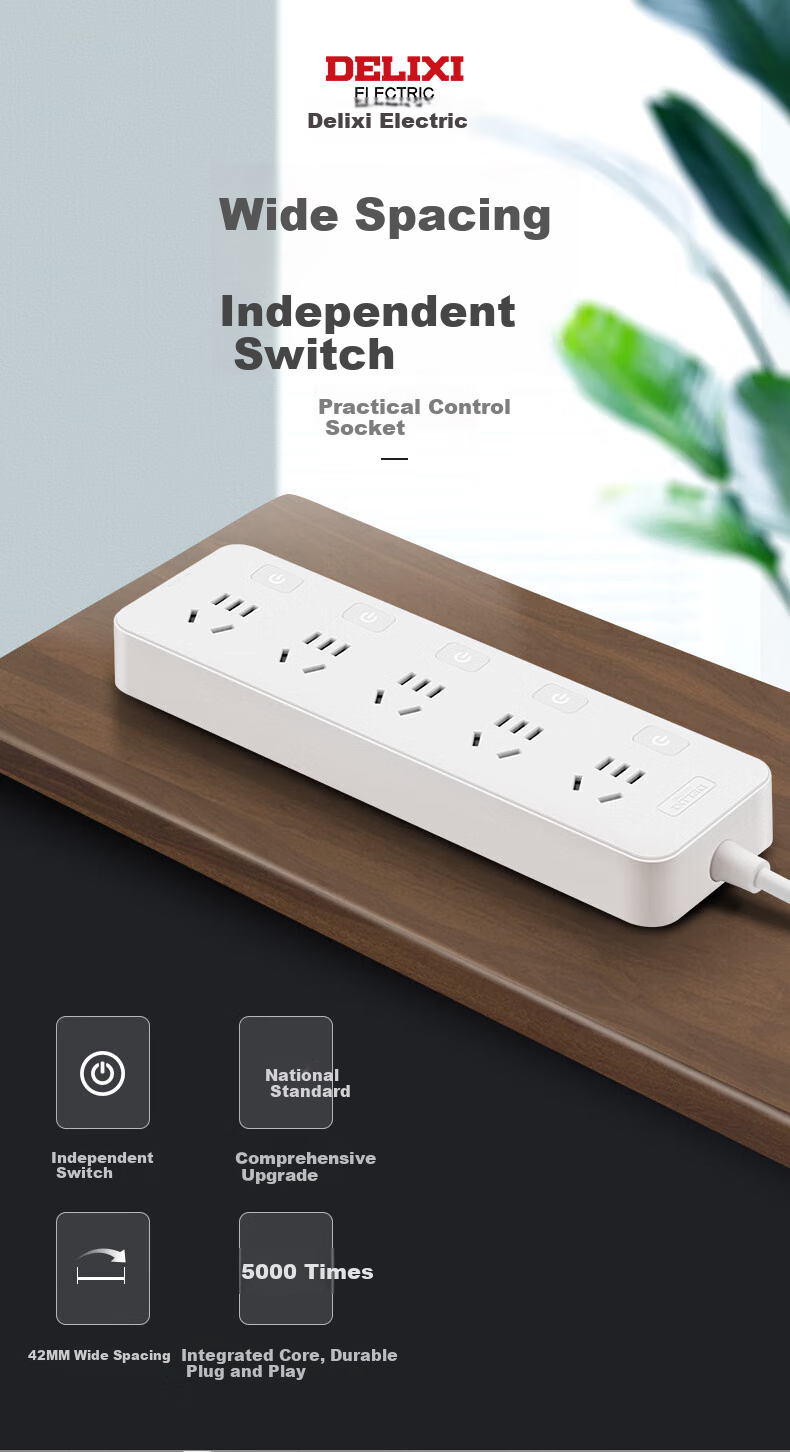 DELIXI National Standard Power Strip/surge Protector/power Bar/power Strip/power Board/power Strip/extension Cord/power Strip 6 Outlets with Master Switch, Total Length 1.8 Meters, Black 1