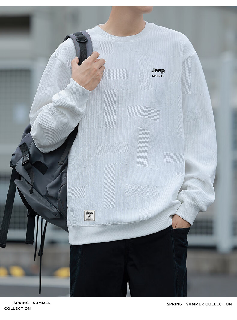 JEEP SPIRIT Men's Round Neck Sweatshirt, Loose-Fitting Long-Sleeve T-Shirt for Spring And Autumn, Fashionable Textured Jacquard Casual Top, Men's Clothing 4