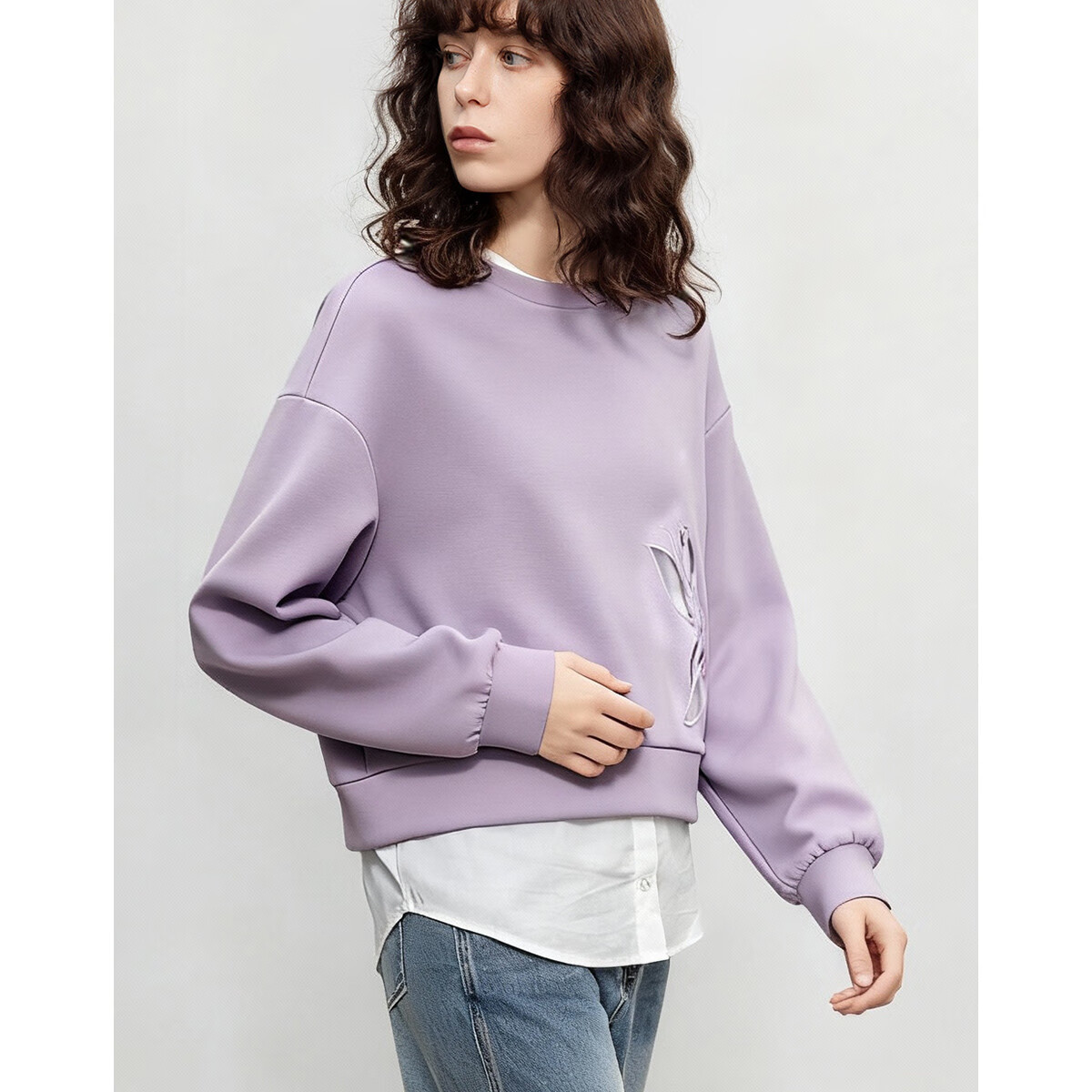 Dme Fresh Cloud Oxygen Cotton Autumn Design Hollow Out Fake Two-Piece Loose Stretchy Slimming Sweatshirt for Women