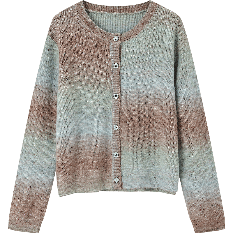 Dme [Containing Fluffy Merino Wool Cardigan], Autumn Gradient Tie-Dye Sweater, Round Neck Loose-Fitting Concealing Knit Top for Wome
