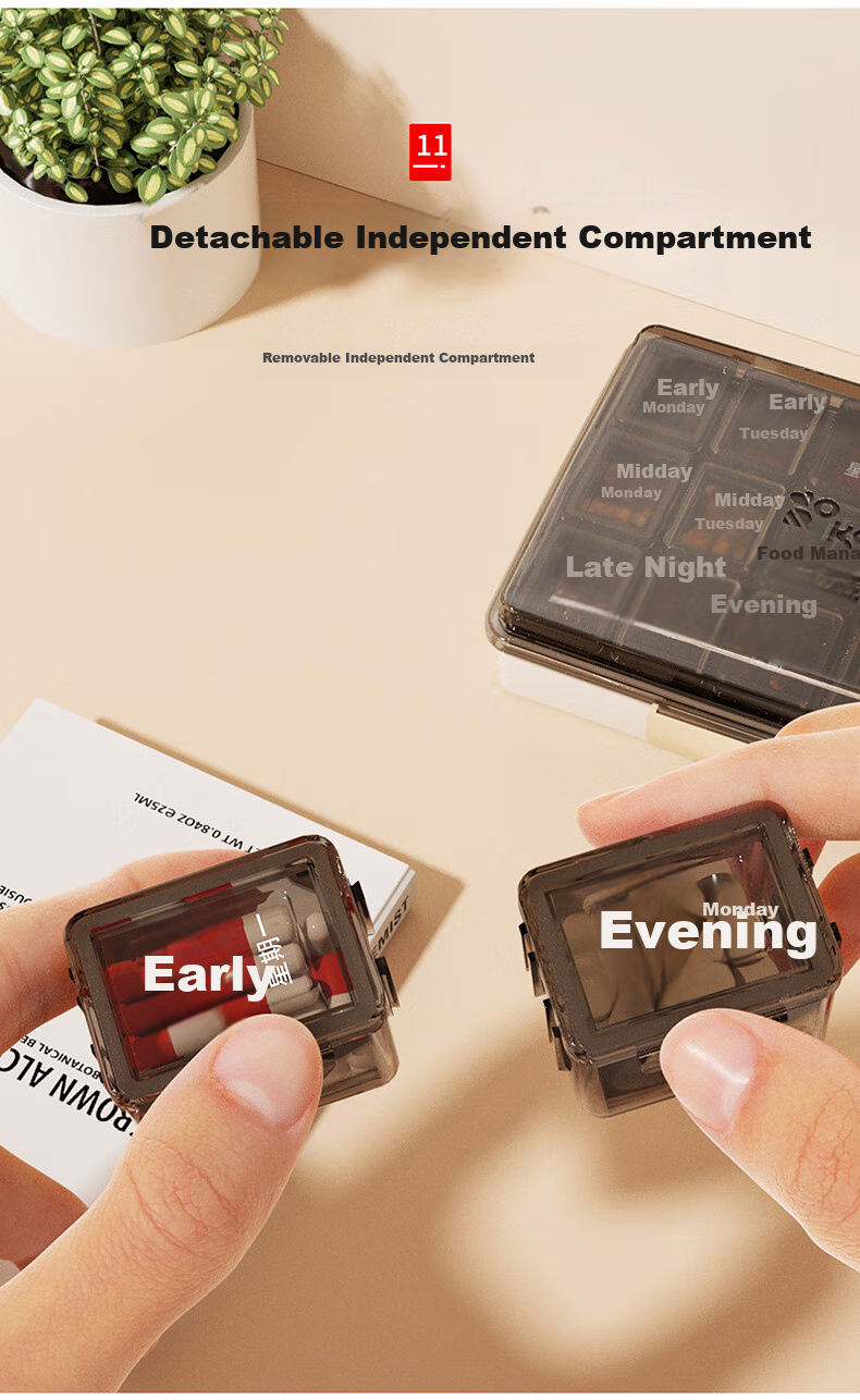 KATEI STORY Pill Box Divider, Seven-Day Morning/afternoon/evening Portable Sealed Moisture-Proof PP Material, Tea-Colored for Elderly Medication Use 13