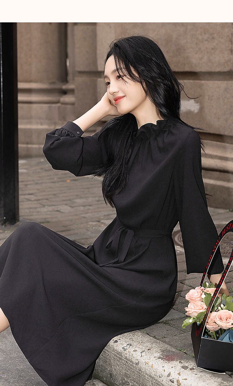 Demana Selected Airy Acetate Spring Socialite Style Comfortable Lightweight Ruffle Collar Mid-Length Women's Dress 12