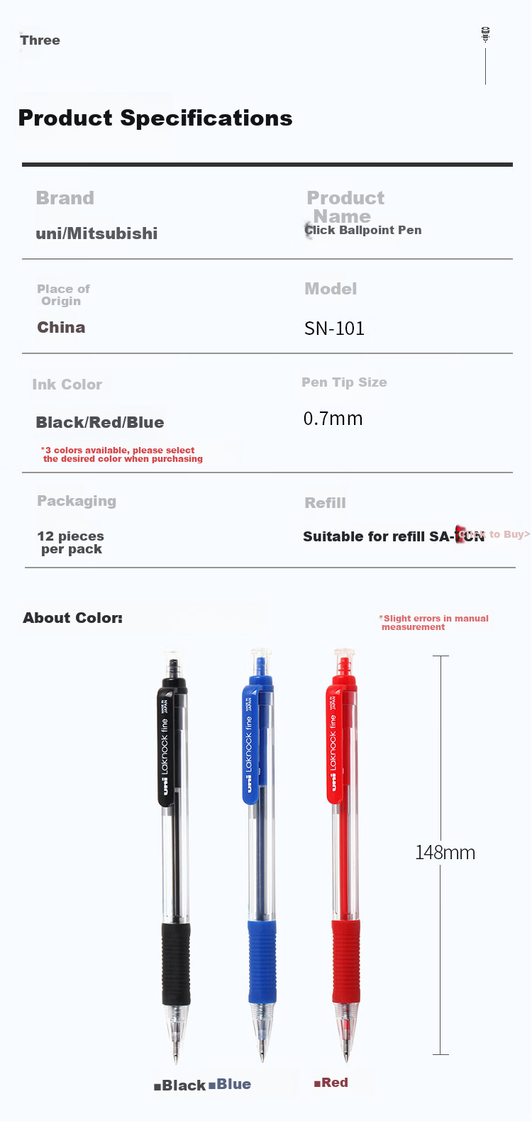 Uni Mitsubishi SN-101 Retractable Ballpoint Pen, Smooth Writing, Red, 0.7mm, Pack of 12 6