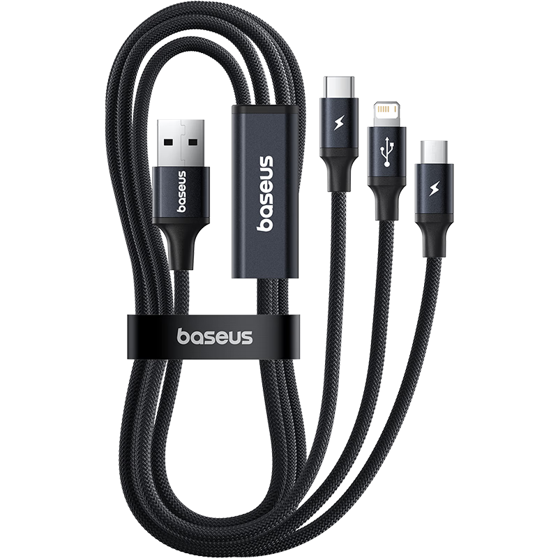 Baseus 3-in-1 Data Cable Apple Type-C Android Charging Cable One-to-Three for iPhone 17/16/14 Xiaomi Huawei Car Charger Cable 1.8m Black