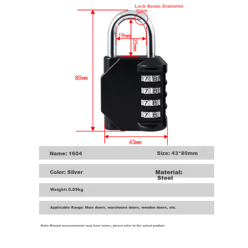 Aoben Large Padlock, Student Dormitory Lock for Indoor And Outdoor Doors, Waterproof And Rust-Resistant Metal Lock, 1604 Silver Color