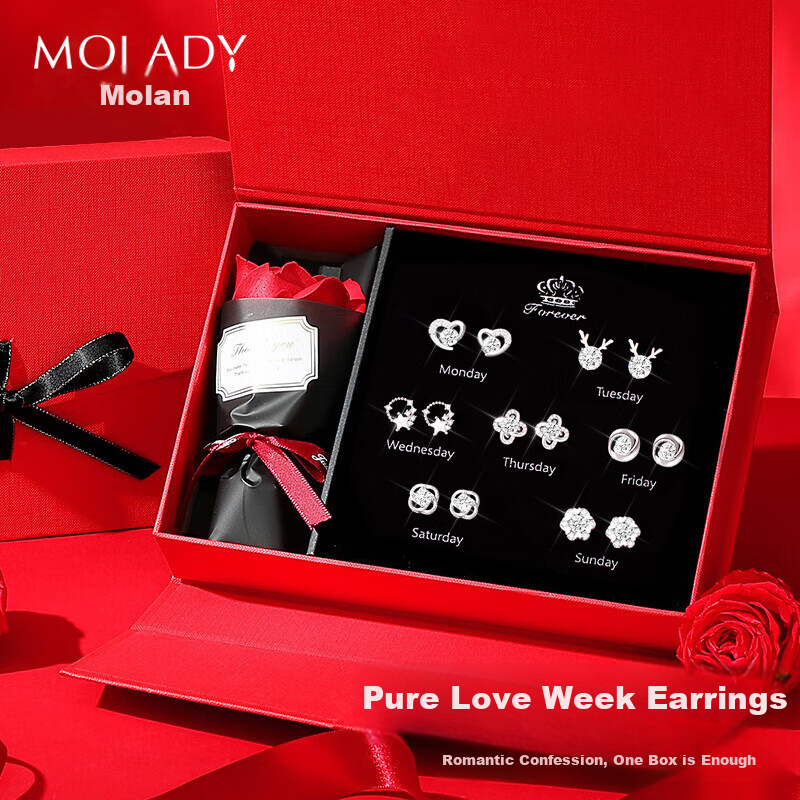 MOLADY Weekly Silver Stud Earrings for Women, Rose Gift Box Set Jewelry, Anniversary Birthday Gift for Girlfriend Or Wife
