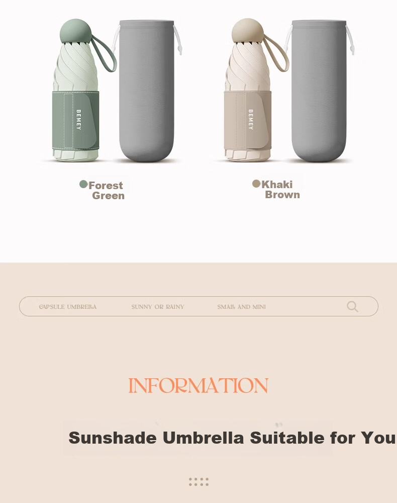 Beimei Portable Mini Sun Umbrella, Lightweight And Compact, UV Protection, Black Gel, Five-Fold, Rain And Shine Capsule Umbrella 24