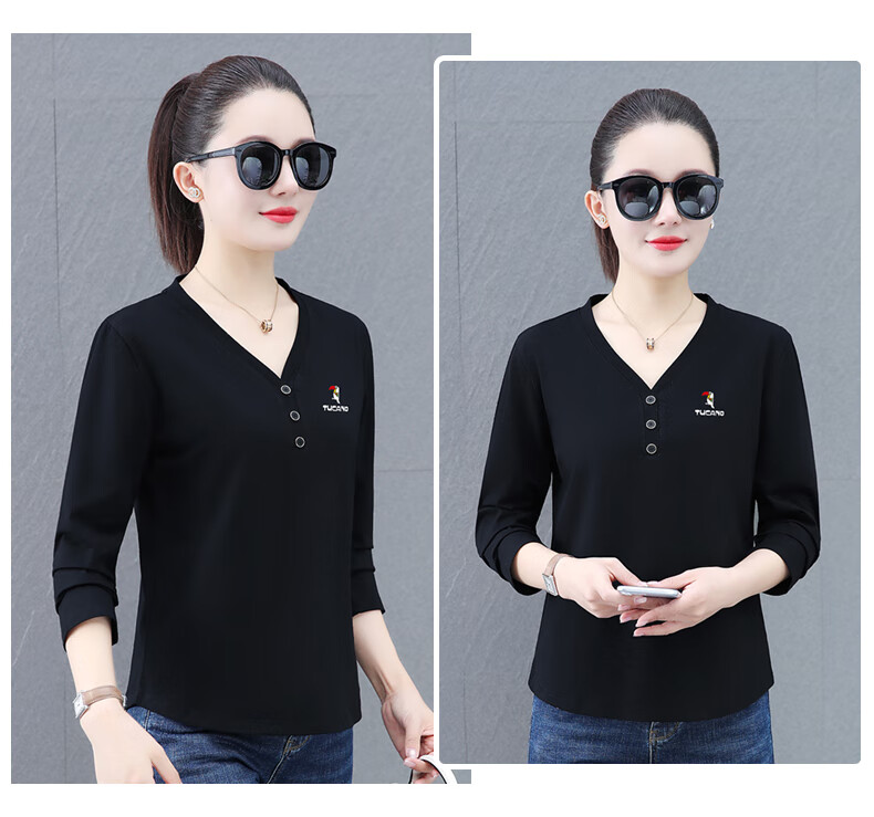 Woodpecker V-Neck Raglan Long Sleeve T-Shirt Women Autumn New Pure Cotton Fashion Casual Plus Size Base Shirt Top Gray Green 2XL 6