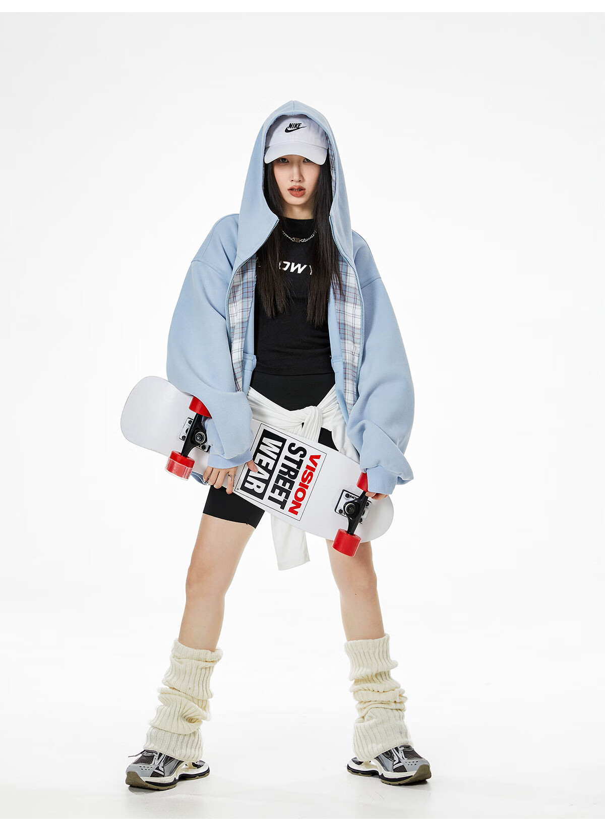 ICH MODE Celebrity Style American Plaid Patchwork Cardigan Sweatshirt Autumn Jacket Sports Cardigan Top Women Heather Gray XL 29