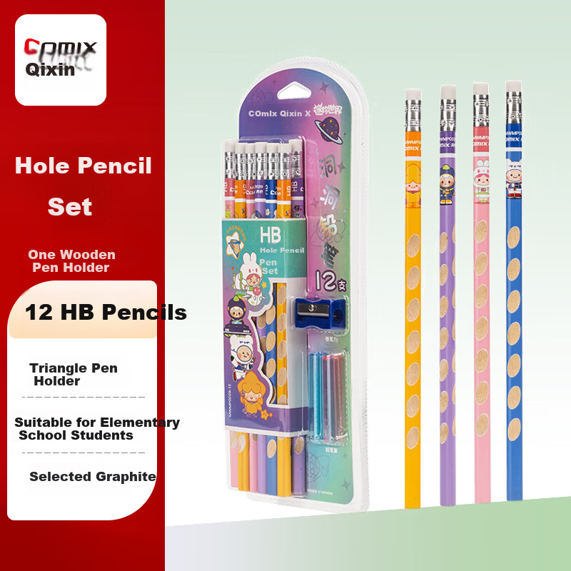 COMIX Mini World 12 Triangular Pencil with Eraser Tip, 1 Pencil Sharpener + 2 Grip Holders, HB Black MWMP0029-12