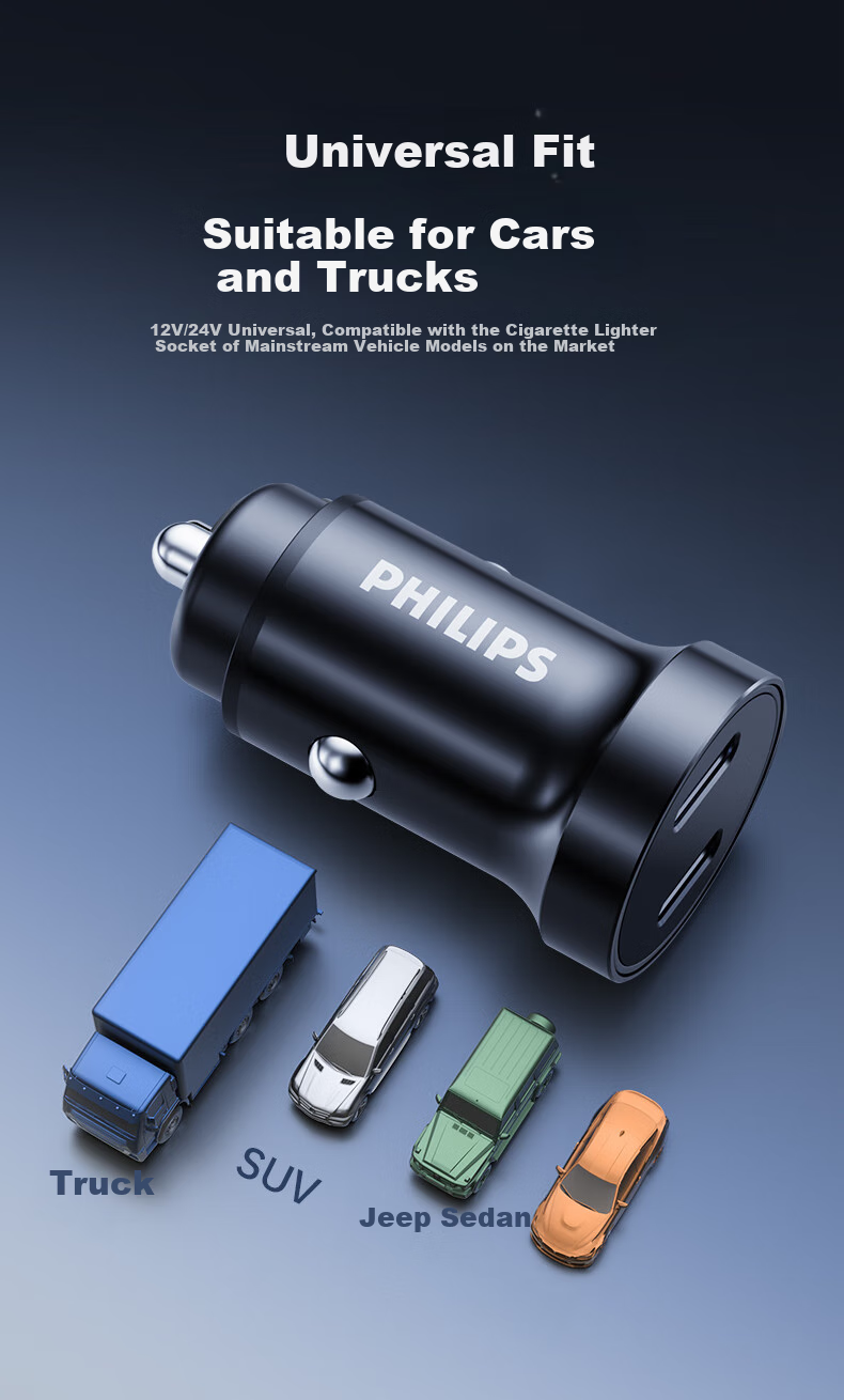 Philips Car Charger, 36W Cigarette Lighter Socket, Dual-Port Super Fast Charging, Car Charging Adapter, Compatible with Huawei And Apple 17/16 PD Fast Charging Plug, 4327 11