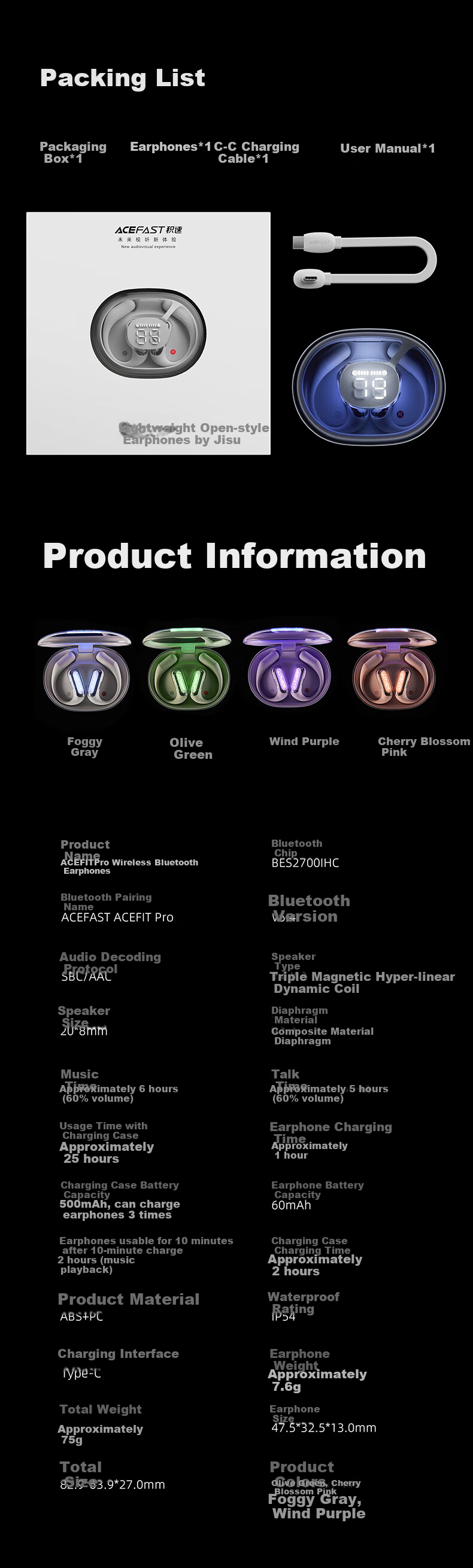ACEFAST Jisu [Subsidies] Luminous Open-Ear Bluetooth Headphones with Long Battery Life, Call Noise Reduction, Sports Cycling Sweat-Resistant Gaming Earphones Non-Bone Conduction Over-Ear Style 22