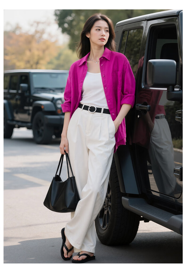 Fansiman Commuter Linen Long Sleeve Shirt Women Autumn New Simple Relaxed Fit Lapel Top Dragon Fruit Red M 7