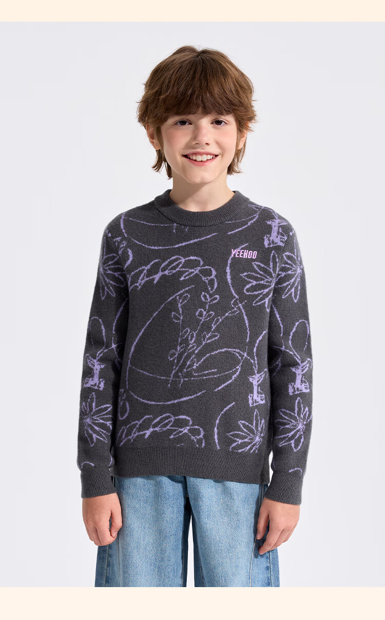 YEEHOO Kids Wool Sweater Boys and Girls 100% Wool Long Sleeve Crew Neck Fashion Spring Dark Gray 160 8