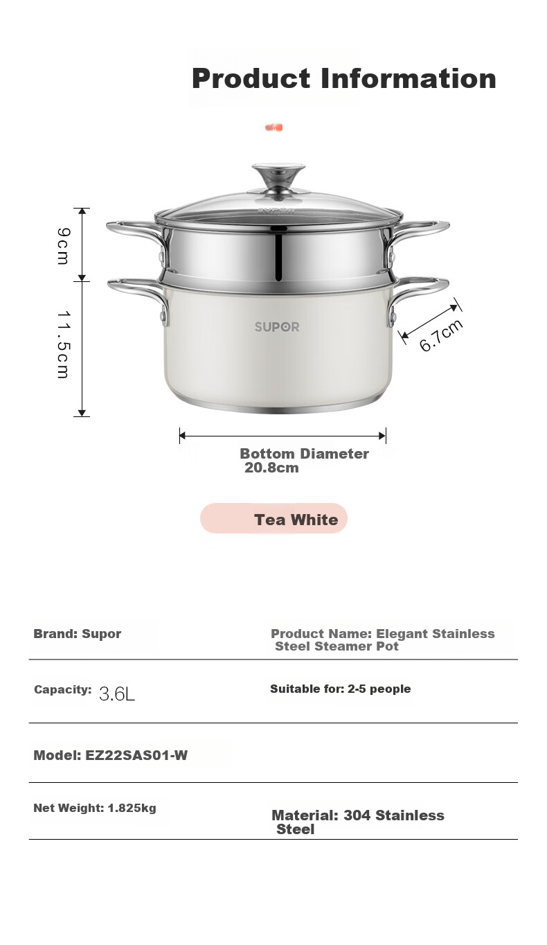SUPOR 304 Stainless Steel Double-Layer Steamer with Composite Bottom, Suitable for Gas And Induction Cooktops, 22cm White, EZ22SAS01-W 4