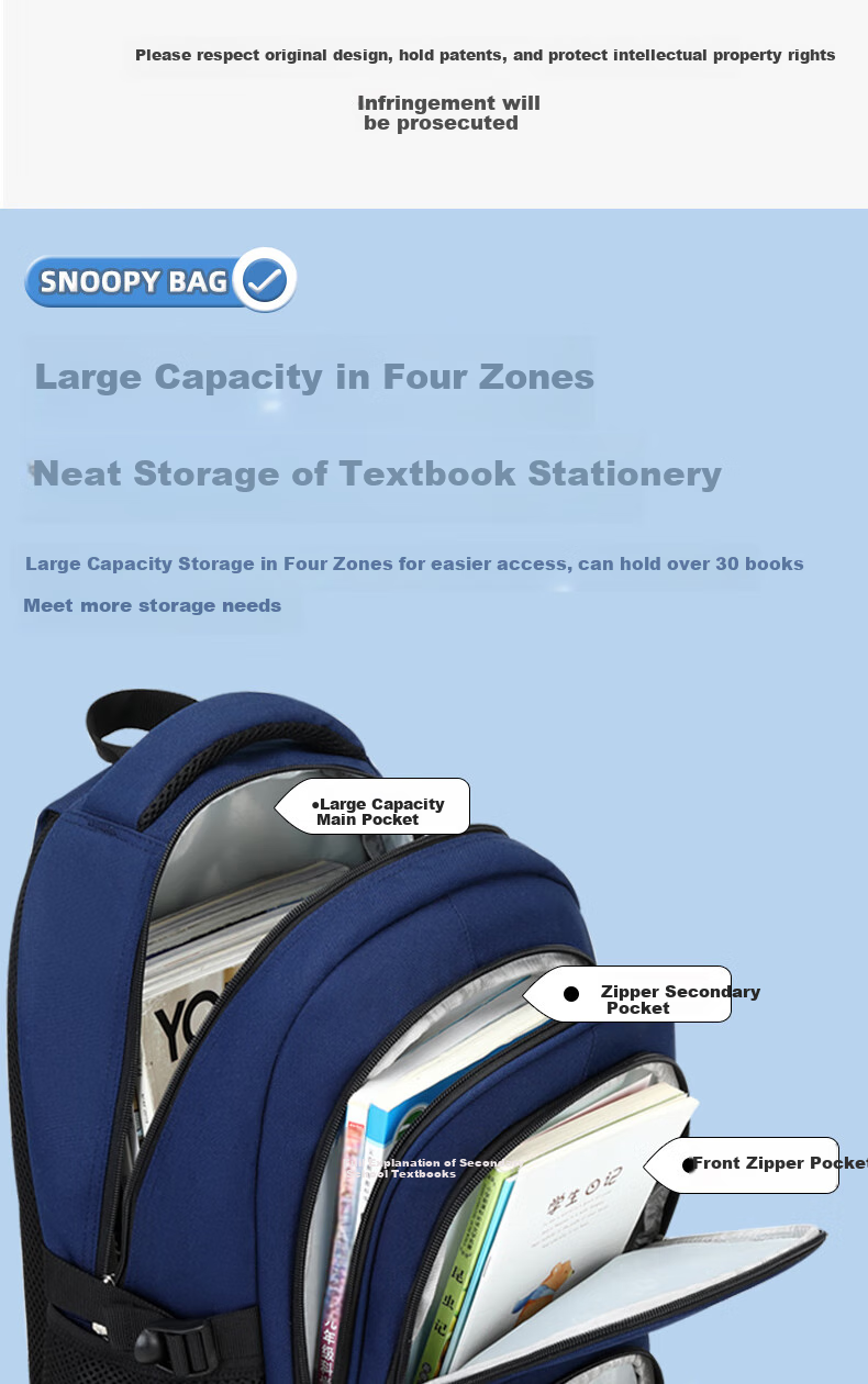 SNOOPY Middle School Backpack for Boys And Girls, Elementary School Grades 1-4 Large Capacity Children's Lightweight Spine-Protecting Backpack, Blue 8