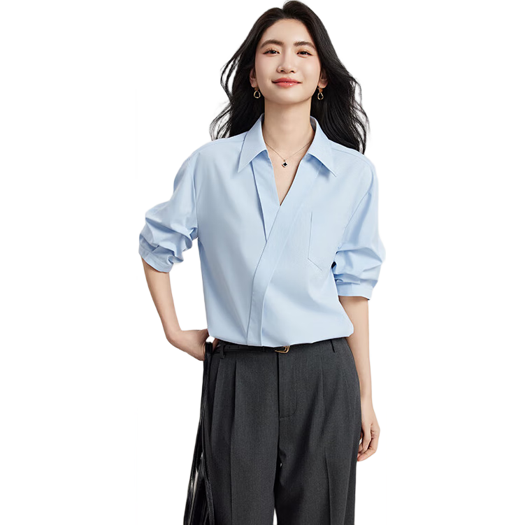 Bodexiaojie Blue Stylish Luxury V-Neck Shirt for Women, Summer Commute Short-Sleeve Top, Professional Petite Interview Blouse, XL