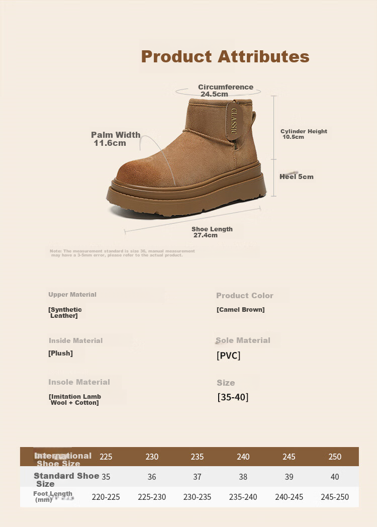 ZHR Women's Thick-Soled Winter Snow Boots with Fleece Lining, Warm Short Boots, Versatile Northeast Cotton Shoes JT72 Camel Color Size 38 10