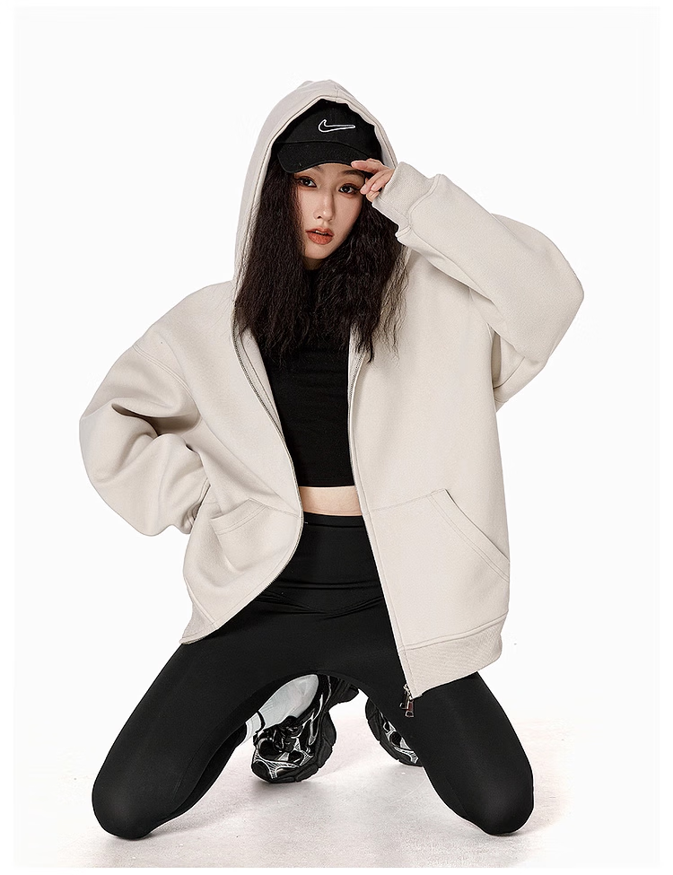 ICH MODE Fleece-Lined American Style Hoodie Jacket Women Autumn Winter Loose Fit Double Zipper Cardigan Lazy Long Sleeve Coat Black L 29