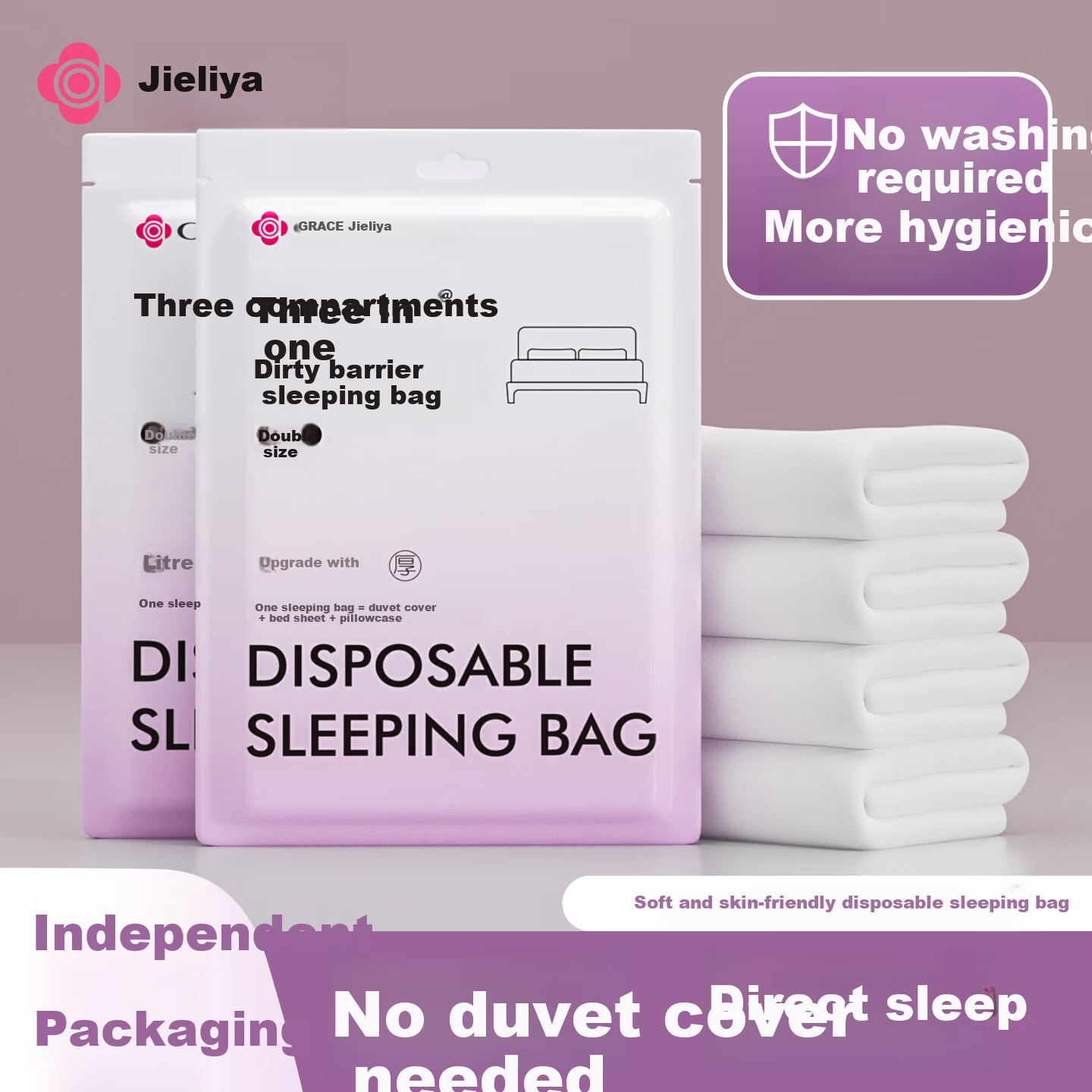 Grace Disposable Sleeping Bag, Hotel Hygiene Travel Bed Sheet Set, Four-Piece Single/double Bedding Set, Integrated Design, 2-Pack