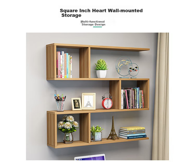 Ourunzhe Wall-Mounted Storage Rack, No Drilling Required, Double-Layer Hanging Cabinet, S-Shaped Storage Shelf, Decorative Bookshelf, Walnut Color 4