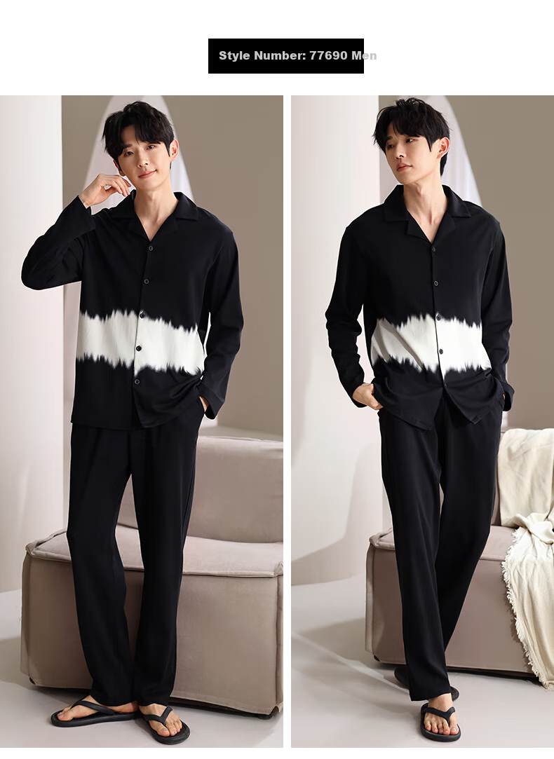 MiiOW Couple's Pajamas, Men And Women Spring Summer Pure Cotton 2026 New Long-Sleeve Cardigan Simple Casual Plus-Size Home Wear Set 3
