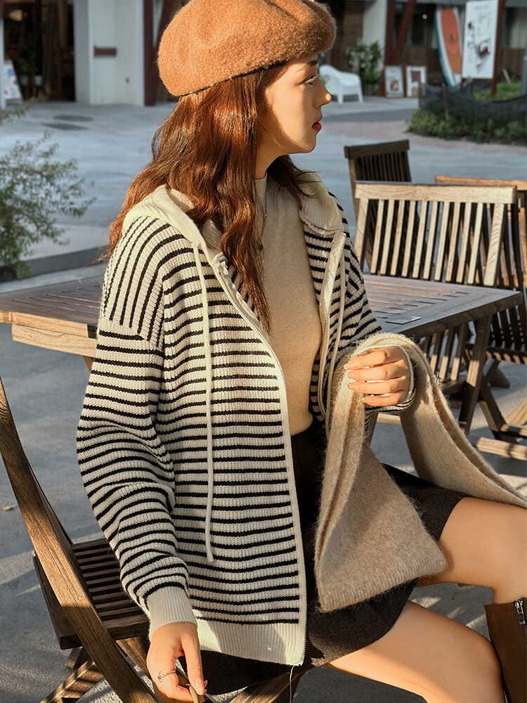 Yishangmei Women's Knitted Cardigan Sweater Autumn Winter 2025 New Plush Thickened Striped Hooded Loose Jacket 3