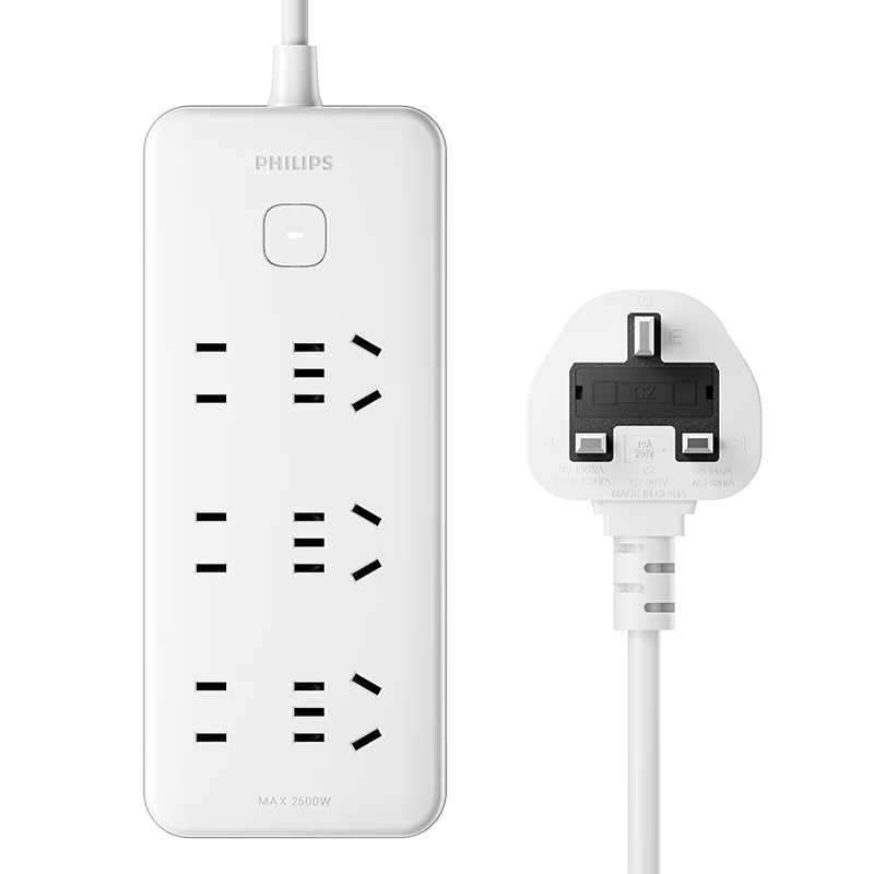 PHILIPS UK Standard Power Strip Socket Adapter for Hong Kong, Macau, Singapore, UAE, Maldives - 6-Outlet Surge Protector with Master Control, 1 Meter Cord