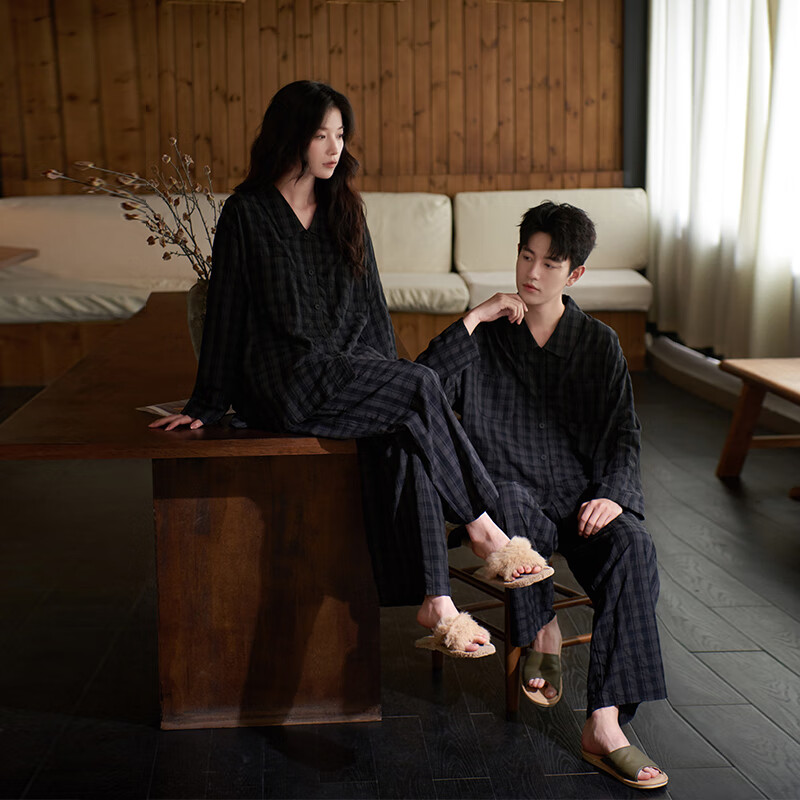 Shaqian New Vintage Coin Style Couples Pajamas 2025 Autumn Bubble Woven Cotton Women's Plaid Loungewear Men's Set