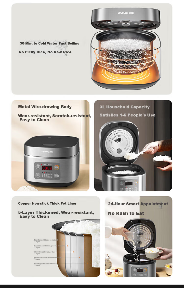 Joyoung Non-Stick Thick Inner Pot, High Heat Wood-Fired Rice, 3L Golden Capacity, for Home Use of 2-3 People, Low Pressure, Multifunctional Electric Rice Cooker, Industry Bestseller, 30FZ630 5