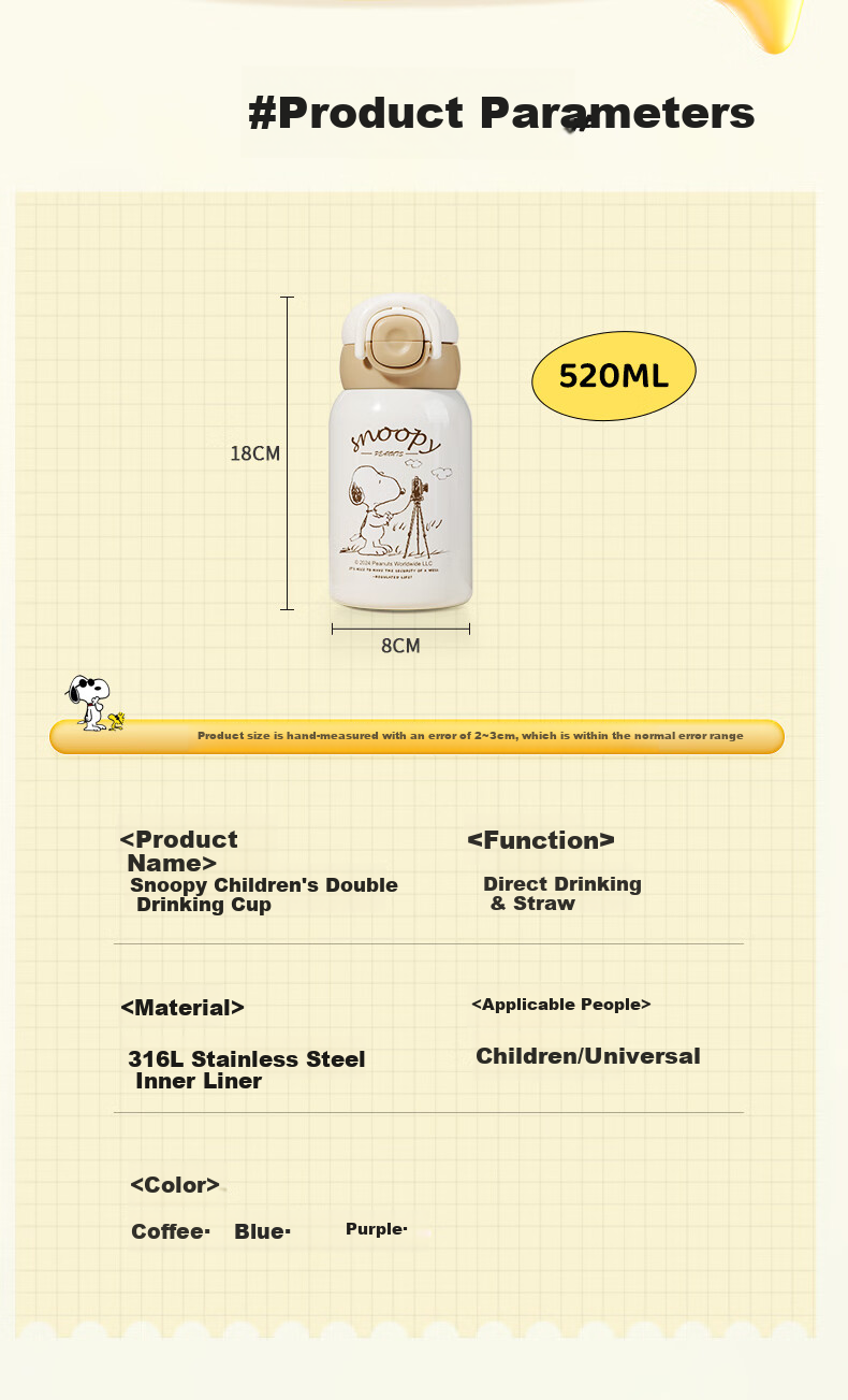 SNOOPY Children's Insulated Cup with Sleeve, 316 Stainless Steel Kindergarten Direct Drinking Water Bottle, Dual-Use Straw Water Cup for Boys And Girls Students 13