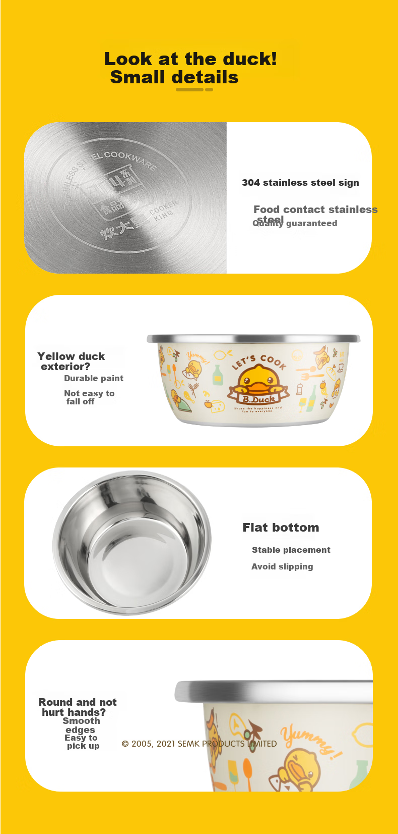 COOKER KING x Little Yellow Duck 304 Stainless Steel Bowl and Sieve 3-Piece Set Thickened Vegetable Washing, Fruit, and Dough Draining Basin 15