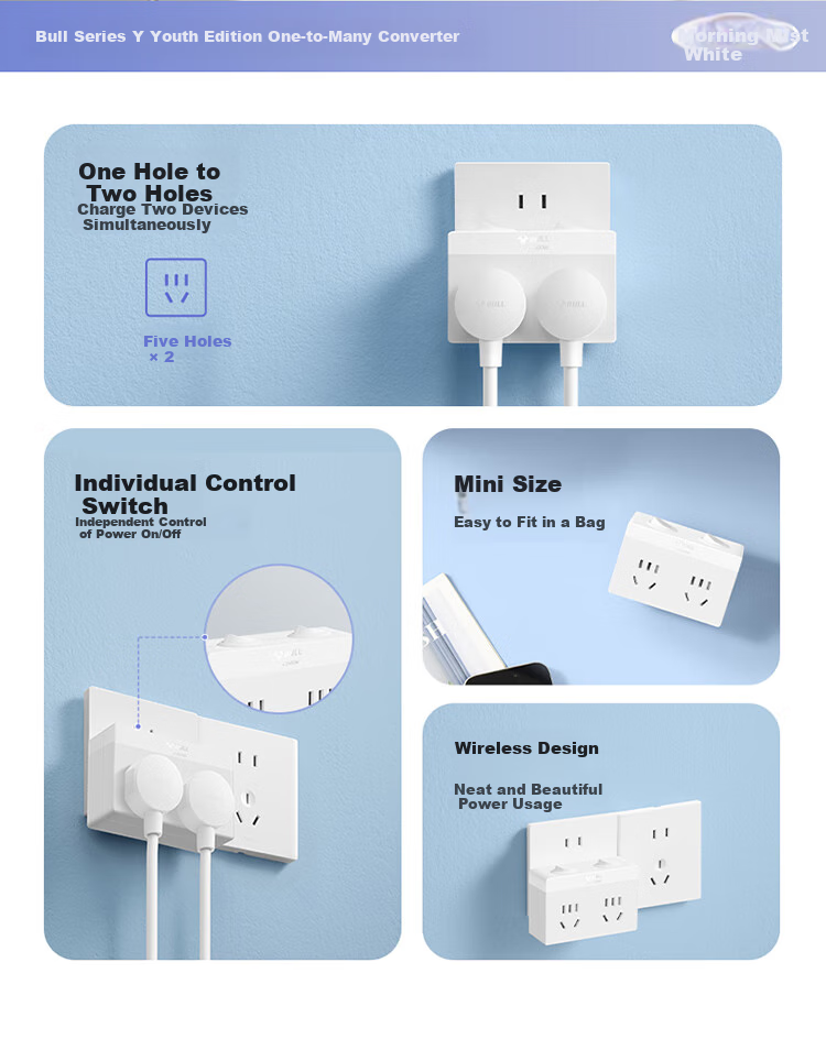 BULL Power Strip Extension, Multi-Outlet Adapter, Converter Plug, Power Bar, Suitable for Bedroom And Kitchen, 3 Outlets without Switch, GN-ZA221 2