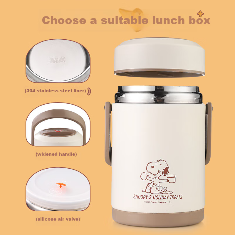 SNOOPY Insulated Lunch Box with Handle, 2L Large Capacity, for Office Workers And Students, Multi-Layer Portable Stainless Steel Thermos (With Thermal Bag)
