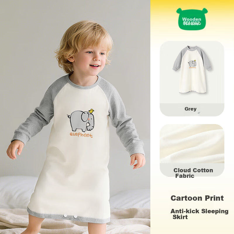 Minimumuwu Children's Bathrobe, Spring And Autumn Season, Boys And Girls Long-Sleeve Round Neck Nightgown, Comfortable Pajamas, Gray, Elephant, 90
