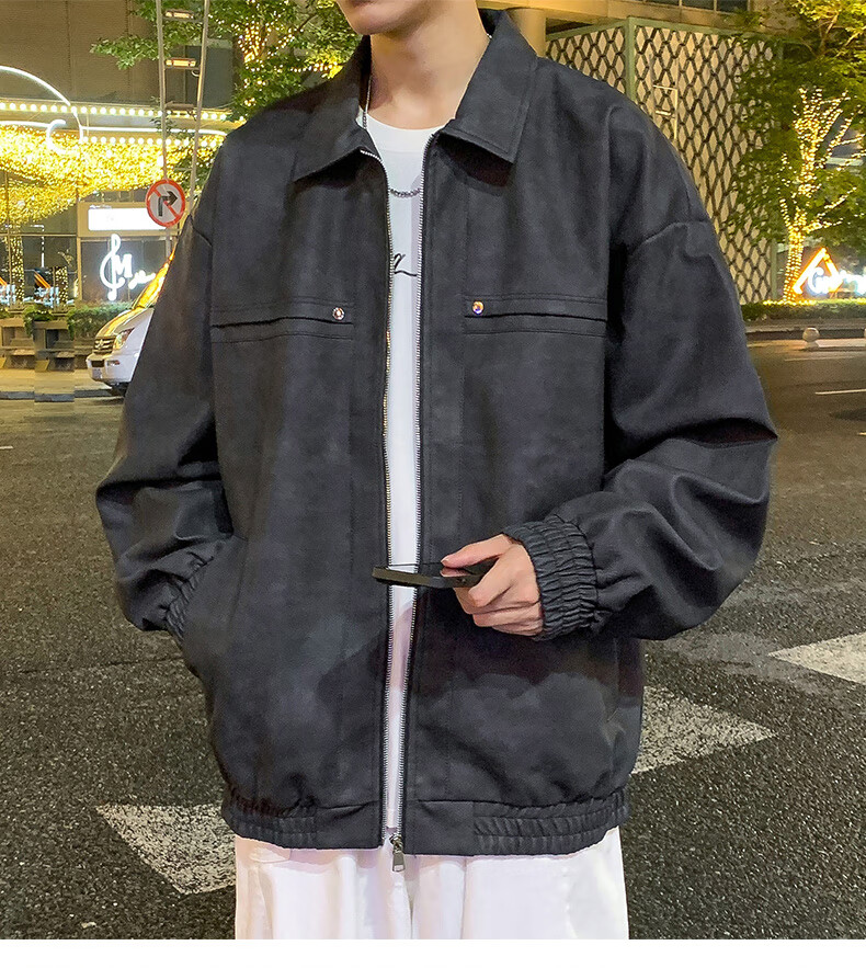 Warrior Men's Casual Leather Jacket Spring Autumn Loose Lapel Workwear Coat Gray XL 11