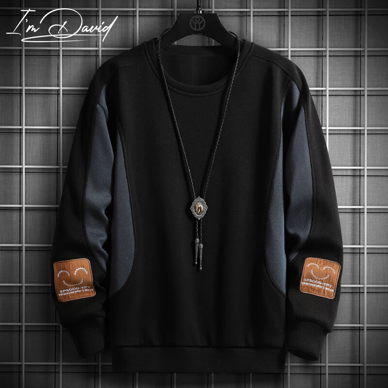 I'M DAVID Men's Vintage Loose Fit Sports Long Sleeve T-Shirt Spring Autumn American Style Patchwork Casual Top