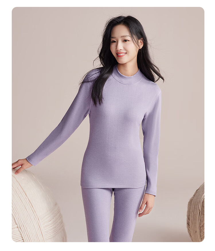 Hongdou Women's Thermal Underwear Set with Cashmere and Mulberry Silk, Semi-Turtleneck Brushed Base Layer Autumn Top and Bottom 2