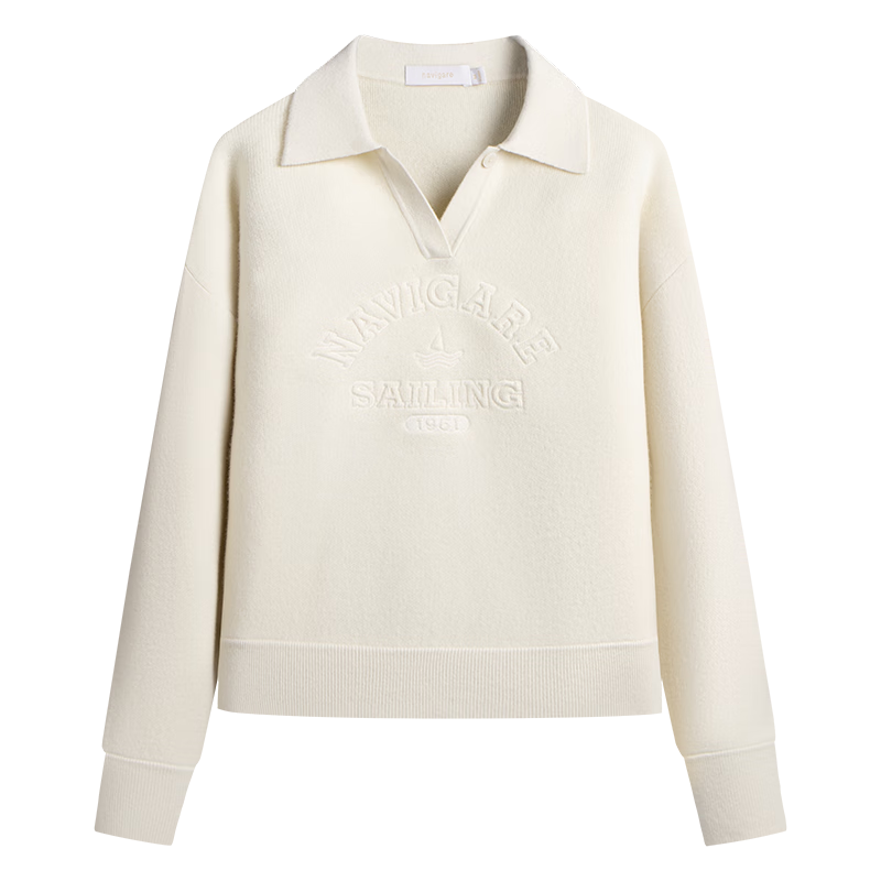 Navikail Italian Small Sailboat Women's 2025 Autumn Full Wool Knit Sweater Lapel Loose Wool Pullover 2334045502