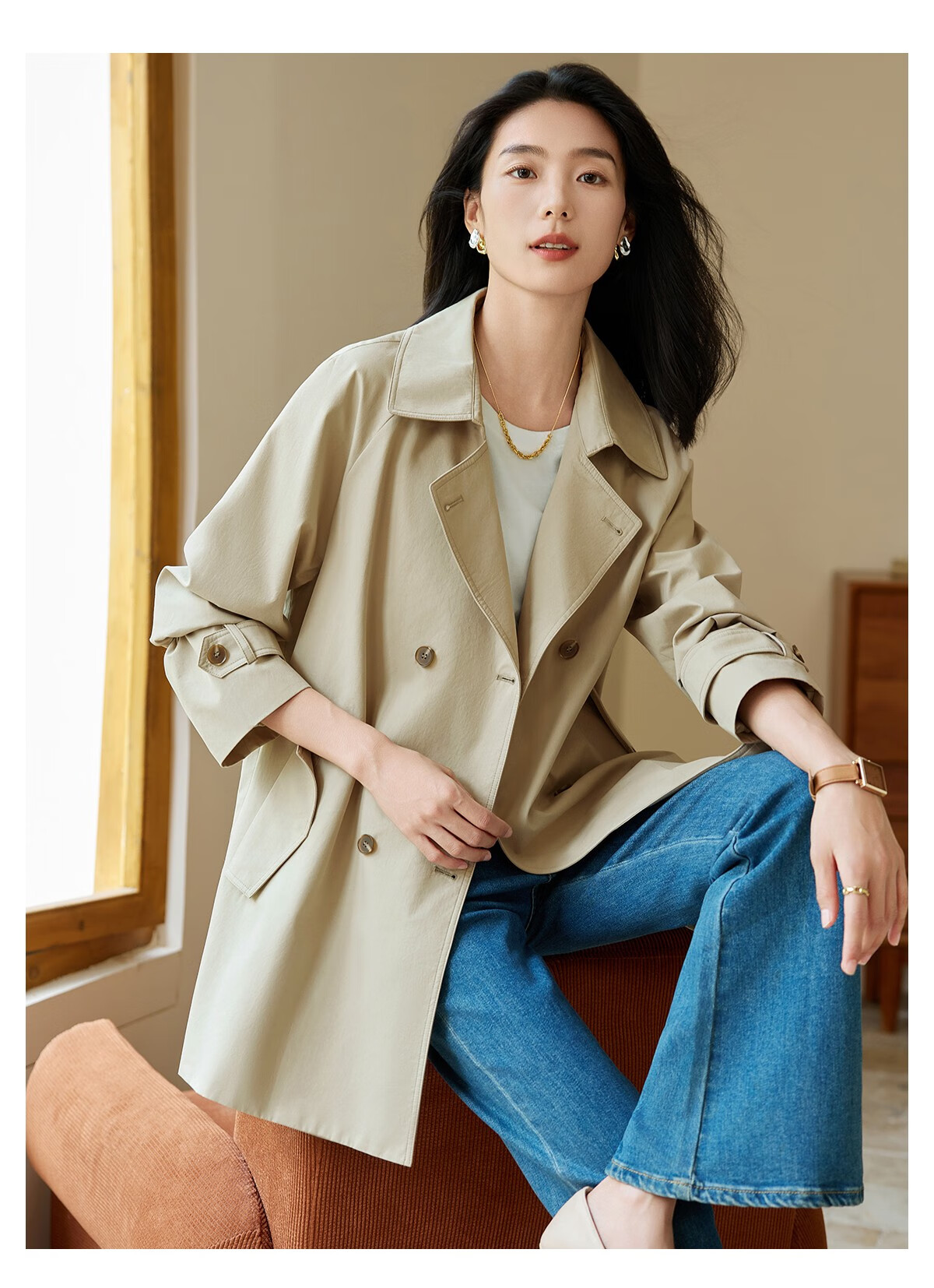 Chushen Spring And Autumn Casual Jacket for Women, Double-Breasted Windbreaker with Raglan Sleeves, British Retro Style Elegant Fashion Top S143U8002 10