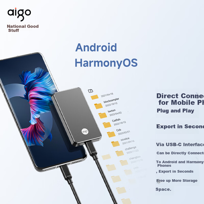 Aigo 2TB Portable Solid State Drive (PSSD) P1 Type-C USB3.2 Read Speed 2000MB/s Direct Phone Connection Portable External Hard Drive Supports Ai Local Deployment