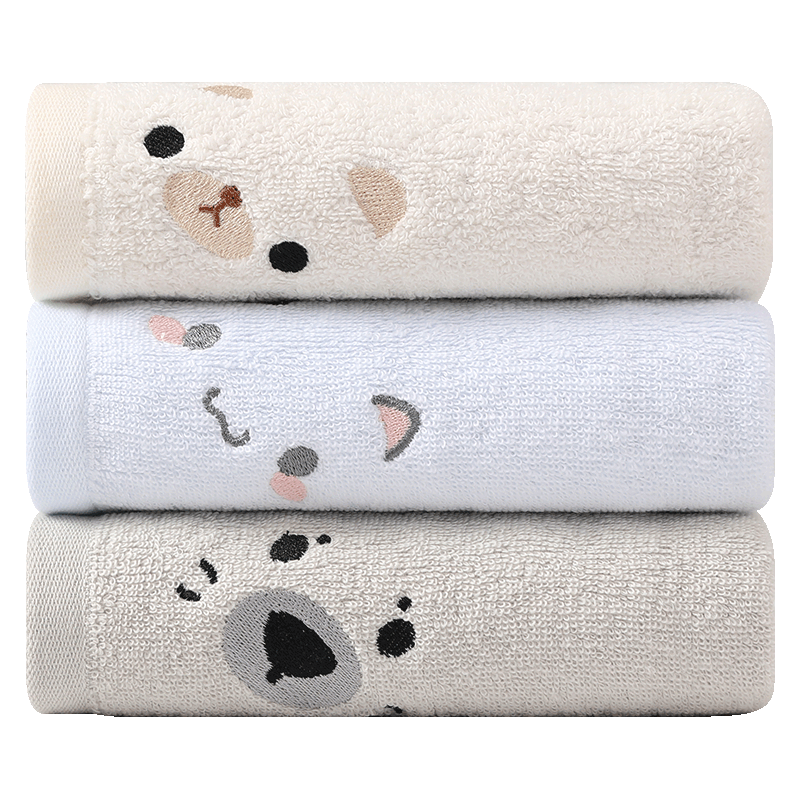 Grace Children's Face Towel, 100% Pure Cotton, Comfortable And Soft Cartoon Face Towel for Home Use, Beige + Blue + Gray, Three Pieces