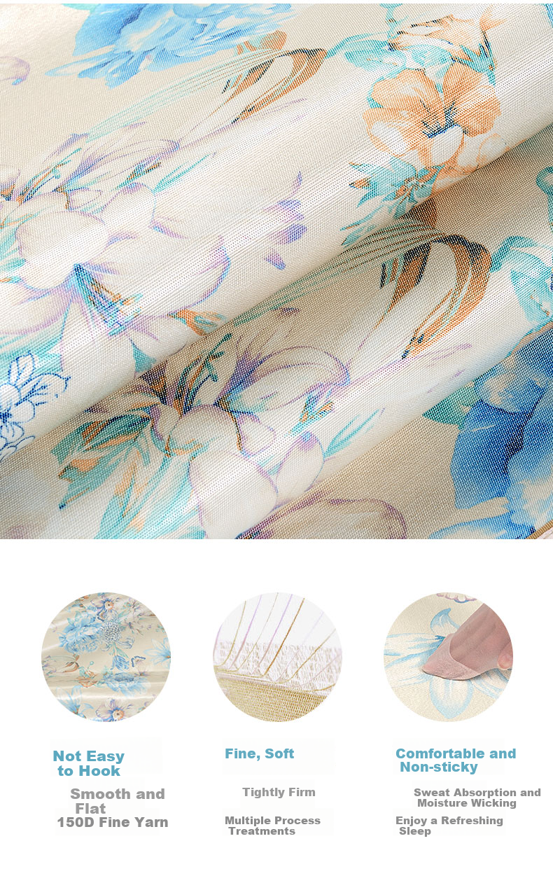 FUANNA Ice Silk Cooling Mat with Printed Pattern, Soft Fitted Sheet Set for Double Bed, Three Pieces, Blue, 1.8*2 Meters [Washable] 5