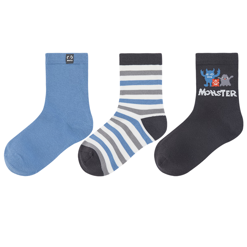 Aimer Kids Autumn Winter Socks 3A Antibacterial Deodorant Boys Short Socks 3-Pack [3 Pairs All-Season Socks] Monster Stripe 18