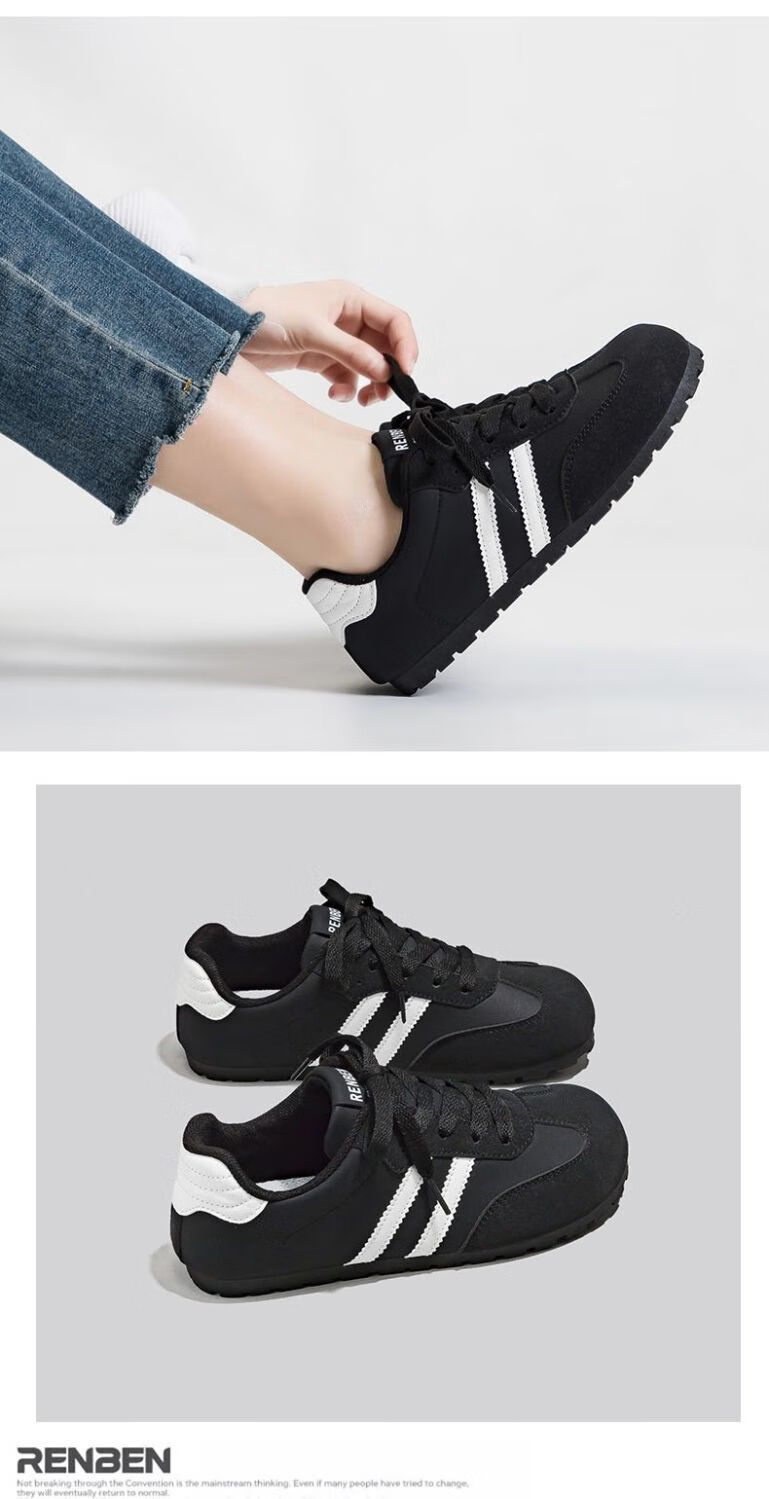RENBEN Versatile Black German Trainer 2026 Spring Summer New Retro Casual Shoes Lightweight Student Campus Style Small Black Shoes 11