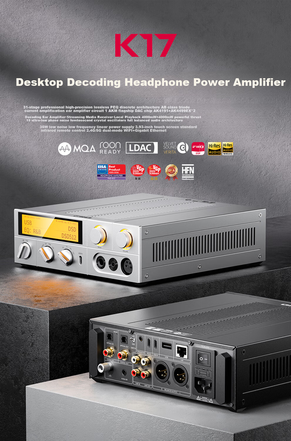 FiiO K17 Desktop Decoding Headphone Amplifier, DSD Decoding All-In Headphone Amplifier, HiFi Decoder, Silver Decoder 2