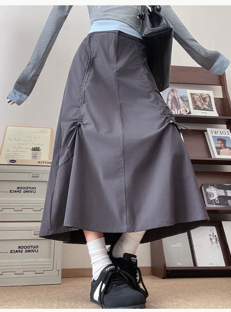 LangSha Gray Workwear Skirt Women Autumn 2025 New High Waist Drawstring A-Line Flared Slim American Casual Half Skirt 3