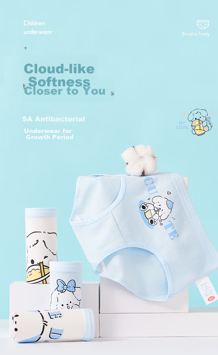 LangSha Children's Underwear, Girls' Panties, 5A Antibacterial, Teenage Developmental Period Triangle Briefs, 4-Pack, Blue Puppy Design, Size 140 1